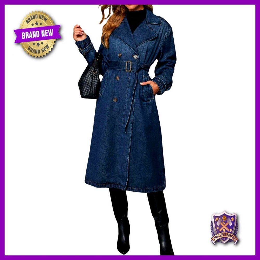 Vintage Denim Trench Coat Double Breasted Duster Blazer Jacket Women's